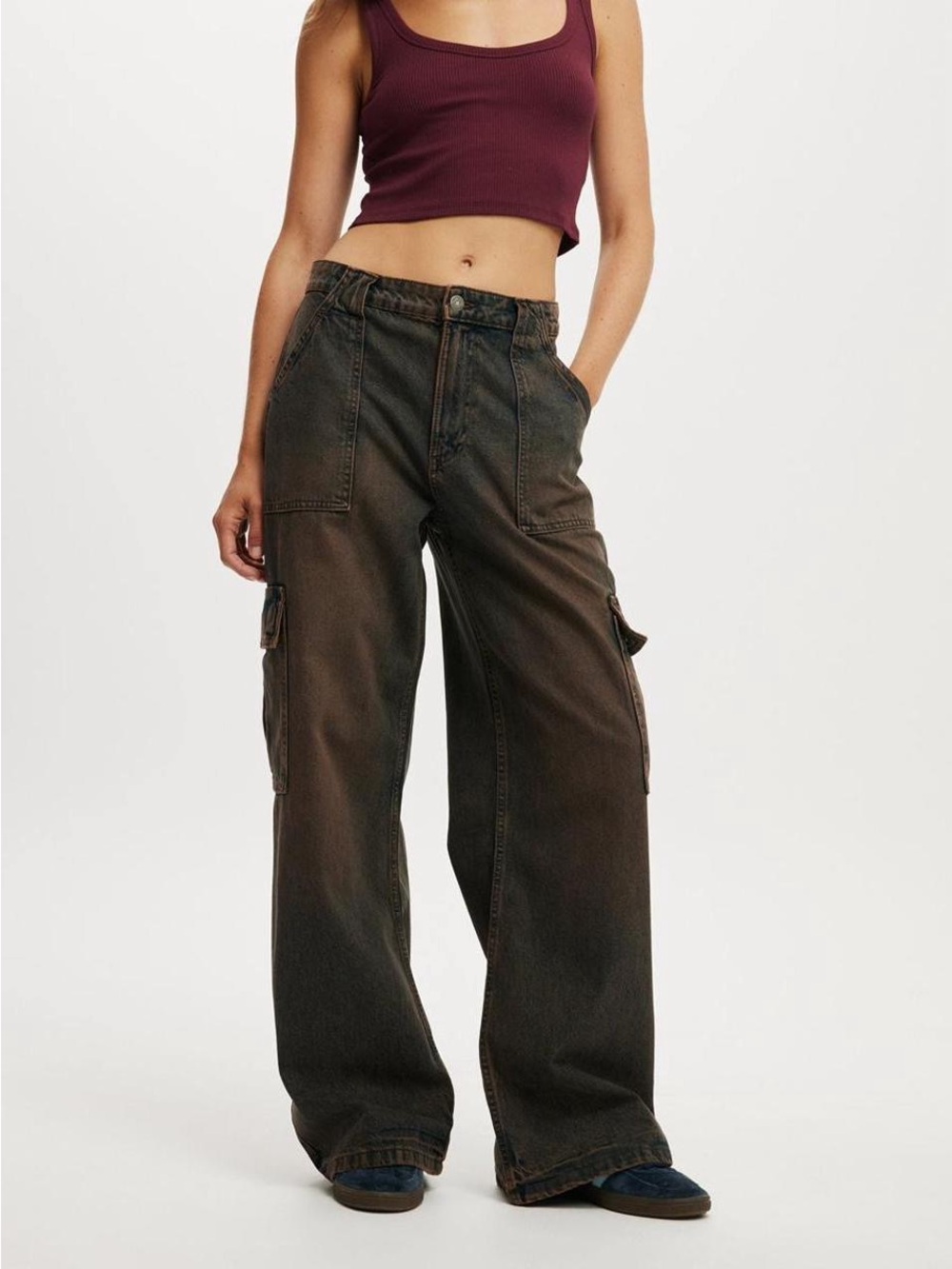 NWT W26 Cotton On Brown Mocha Baggy Relaxed Mid Rise Wide Leg Cargo Jeans Y2K